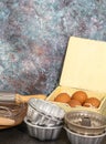 Set of baking utensil store with eggs in vintage kitchen style Royalty Free Stock Photo