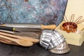 Set of baking utensil in front view in vintage kitchen style Royalty Free Stock Photo