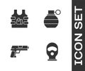 Set Balaclava, Bulletproof vest, Pistol or gun and Hand grenade icon. Vector