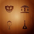 Set Balalaika, Clown head, Circus fire hoop and Attraction carousel on wooden background. Vector Royalty Free Stock Photo