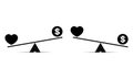 Set of balance between heart, love and money icon. Scales comparison of money and heart.