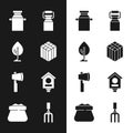 Set Bale of hay, Tree, Can container for milk, Wooden axe, Bird house, Garden rake and Full sack icon. Vector