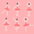 Set of ballerina stickers, cute kid prima dancer in pink tutu in different poses, little gymnastics