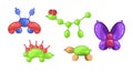 Set of Balloon Animals Crab, Turtle, lizard, Hedgehog and Butterfly. Birthday Party Decoration Isolated on White