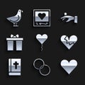 Set Balloon in form of heart, Wedding rings, Heart, Broken divorce, Holy bible book, Gift box, hand and Dove icon Royalty Free Stock Photo