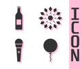 Set Balloon with ribbon, Beer bottle, Karaoke microphone and Firework icon. Vector. Royalty Free Stock Photo