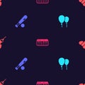 Set Balloons, Baseball bat with ball, Music synthesizer and Dart arrow on seamless pattern. Vector