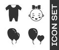 Set Balloons in form of heart, Baby clothes, Balloons with ribbon and Happy little girl head icon. Vector