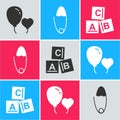 Set Balloons in form of heart, Classic steel safety pin and ABC blocks icon. Vector Royalty Free Stock Photo