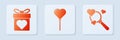 Set Balloons in form of heart, Gift box with heart and Search heart and love. White square button. Vector Royalty Free Stock Photo