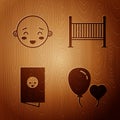 Set Balloons In Form Of Heart, Happy Little Boy Head, Baby Shower Invitations Card, Poster And Baby Crib Cradle Bed On