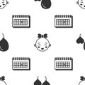 Set Balloons in form of heart, Happy little girl head and Calendar on seamless pattern. Vector Royalty Free Stock Photo