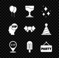 Set Balloons with ribbon, Cocktail, Firework, Location Vip, Ice cream, Signboard party, inside head and Bow tie icon