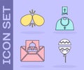 Set Balloons with ribbon, Easter eggs, Greeting card with Happy Easter and Priest icon. Vector