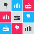 Set Balloons with ribbon, Music equalizer and Signboard party icon. Vector