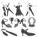 Set of Ballroom dance sport icon silhouette. Concept for shirt or logo, print, stamp or tee. Set include shoe brush