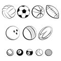 Set of balls. Collection of gaming balls. Black white illustration of balls for sport. Linear art. Tattoo. Royalty Free Stock Photo