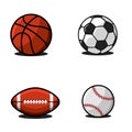 Set of balls for football or soccer, basketball, american football or rugby, baseball. Collection of sports equipment colrful Royalty Free Stock Photo