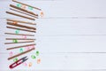 Set of bamboo crochet hooks, color sticker and red snippers Royalty Free Stock Photo