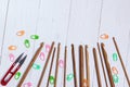 Set of bamboo crochet hooks, color sticker and red snippers Royalty Free Stock Photo