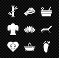 Set Bamboo, Lotus flower, Sauna bucket and ladle, Massage, Aroma candle, Foot massage, and icon. Vector Royalty Free Stock Photo