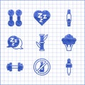 Set Bamboo, No alcohol, Pipette with oil, Broccoli, Dumbbell, Sleepy, Smartwatch and icon. Vector