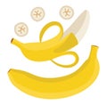 Set of bananas. Single banana. Peeled banana and sliced b