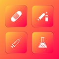 Set Bandage plaster, Medical syringe vial, Syringe and DNA research, search icon. Vector Royalty Free Stock Photo