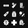 Set Bandage plaster, Ointment cream tube medicine, Medicine bottle pills, Emergency star medical symbol Caduceus snake Royalty Free Stock Photo