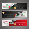 Set banner design template Happy Independence Day Jordan modern background with calligraphy arabic and silhouette city of Jordan