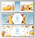 Set of banner templates with honey products. Honey shop.Illustration of a jar of honey, honeycombs, bees, flowers Royalty Free Stock Photo