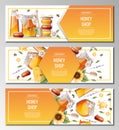 Set of banner templates with honey products. Honey shop.Illustration of a jar of honey, honeycombs, bees, flowers Royalty Free Stock Photo