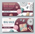 Set of banner templates for sewing workshop. Discount coupon with sewing items. Pincushion, pins, needles, thimble