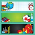 Set of banners or bookmarks back to school. Multicolored cartoon school supplies and stationery. Royalty Free Stock Photo