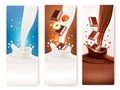 Set of banners with chocolate and milk splashes.