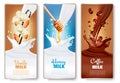 Set of banners with chocolate and milk splashes.