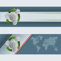 Set of banners with cogwheels and green arrows as generic symbol of recycle