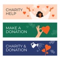 Set of banners with donation concept, charity, helping hand, volunteer social care vector illustration