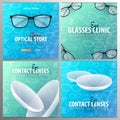 Set of Banners for Glasses Clinic or Optical Store with eye glasses and Contact Lenses. Hand draw doodle background.