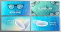 Set of Banners for Glasses Clinic or Optical Store with eye glasses and Contact Lenses. Hand draw doodle background.