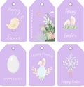 A set of banners - Happy Easter, tags and stickers in lilac light spring colors. Willow, egg, chicken, rabbit, flowers for the