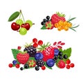 Set of banners with heaps of berries on a white background. Gooseberry, cherry, sea buckthorn, raspberry, currant, blueberry, b