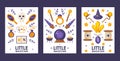 Set of banners with magic game icons, vector illustration. Flat style cartoon items, symbols of witchcraft and sorcery Royalty Free Stock Photo