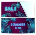 A set of banners with neon text sale, summer time on the background of the tropics. Horizontal Tropical flyer with exotic palm Royalty Free Stock Photo