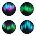 Set banners of Night Sky, Aurora Borealis, Northern Lights Effect on dark background behind the forest. Realistic