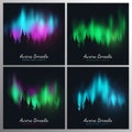 Set banners of Night Sky, Aurora Borealis, Northern Lights Effect on dark background behind the forest. Realistic