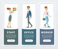 Set of banners with office workers characters in formal clothing. Girl holding folders, boy walking with briefcase, man Royalty Free Stock Photo