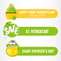 Set of banners for Saint Patricks Day with four-leaf clover, cupcake and golden pot.