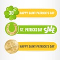 Set of banners for Saint Patricks Day with four-leaf clover, horseshoe and golden coin. Royalty Free Stock Photo