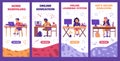 Banners on topic of children online education, cartoon vector illustration.